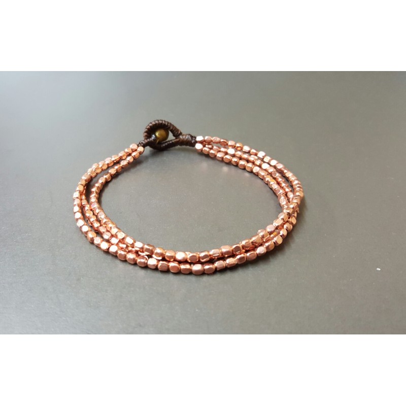 Adorable hand made 3 Strands cube with rose gold brass beads in the classic brown leather bracelet.