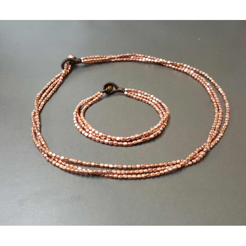 Set of 3 Strands Rose Gold Brass Beads Necklace & Bracelet