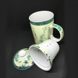 Ceramic Tea Mug with Filter and Cover, Green and White ceramic